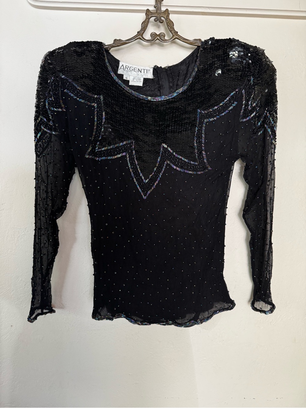 Argenti Black Sequin Beaded Long-Sleeve Top